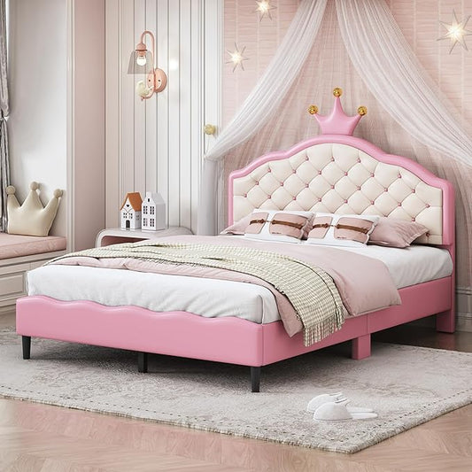 Bellemave Full Size Princess Bed Frame with Lovely Crown Shaped Headboard for Girls,Upholstered Platform Bed with Slats Support,Twin Girls Bed,Pink Cream