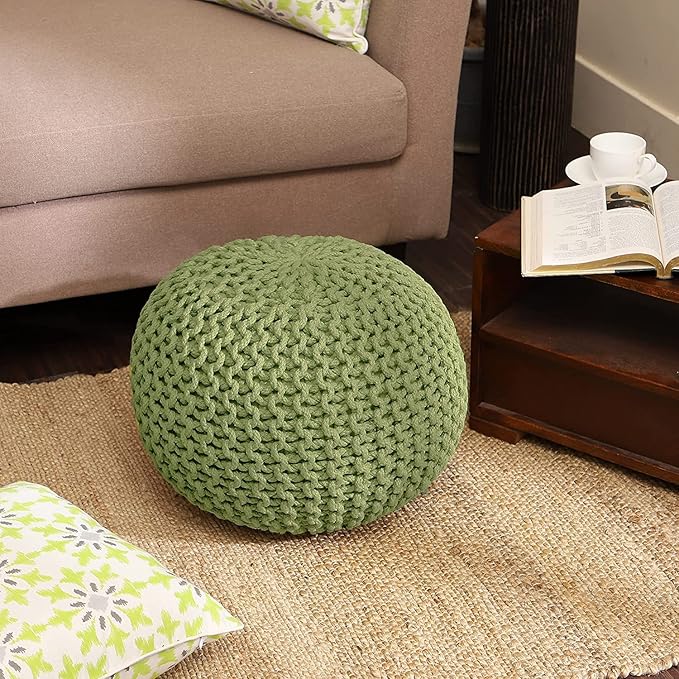 REDEARTH · Round Pouf Foot Stool Ottoman - Cotton Knitted Cord Boho Pouffe - Cable Poof Filled Footrest Stuffed for Living Room - Nursery - Bedroom - Patio - Lounge (19.5"x19.5"x14") - Kiwi