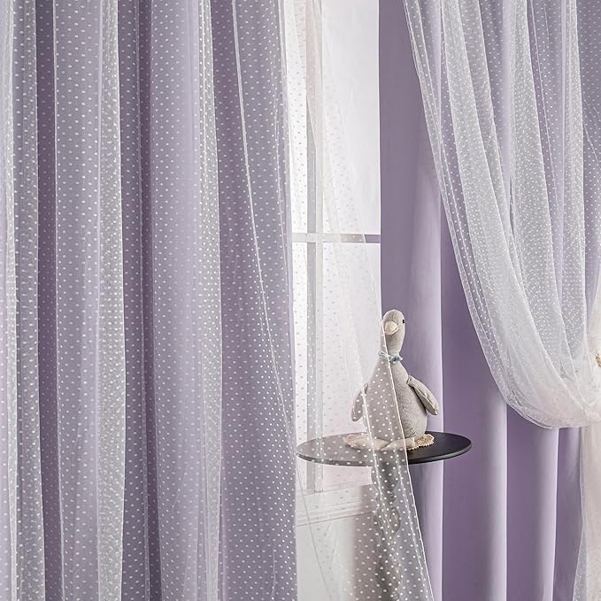 MYSKY HOME Cute Lilac Curtains for Girls Bedroom & Nursery Kids Purple Lavender Blackout Curtains 63 inch Long Double Layer with Polka Dots Sheer, Grommet Tops, 52" Wide, 2 Panels