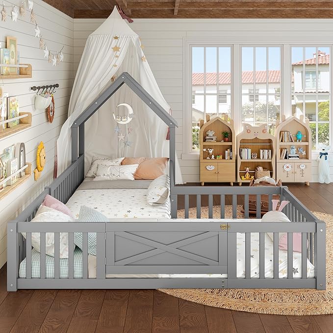 Harper & Bright Designs Twin Size House Shaped Double Floor Bed with Door and Full-Length Guardrails, Solid Wood Kids Montessori Floor Bed for Girls Boys, Multi-Function, Grey