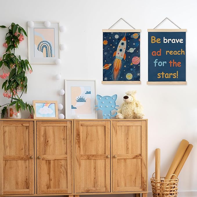 URLLUAE Rocket Space Wall Art Posters for Kids Room, Outer Space Planet Motivational Poster Hanger Frame for Boys Bedroom Classroom Nursery Playroom Wall Decor, 12x16 Inch Set of 2