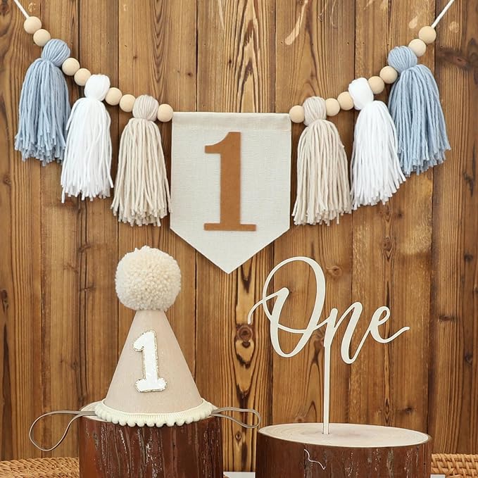 1st Birthday Highchair Banner Decorations For First Boys Khaki Cone Hat With One Cake Topper Photo Backdrop