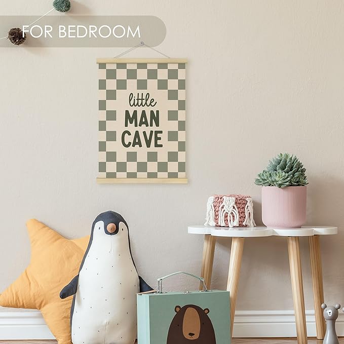 Fewgb Little Man Cave Wall Art Decor for Baby Boys Nursery Kids Room Bedroom Playroom, Sage Green Hanging Poster Framed with Hanger, Green Checked Plaid Picture Prints 12x16