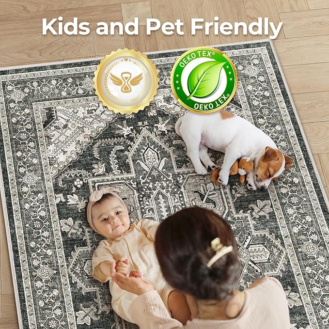 WITSHOCK Living Room Area Rugs 8x10: Washable Rug Boho Soft Non-Slip Low Pile Stain Resistant Foldable Carpet for Bedroom Playroom Dining Room Office Kitchen Farmhouse Home Decor Rug-Bitter Black