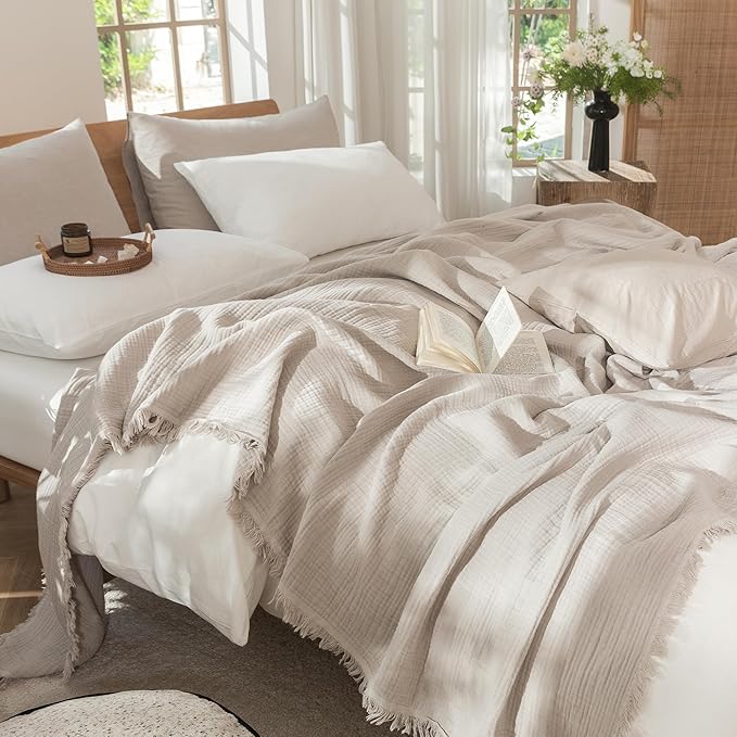 MooMee Muslin Blanket - 100% Cotton 4-Layer Gauze Throw Blanket with All-Around Fringe, Ultra-Soft Breathable Lightweight Cooling Decorative for Bed, Sofa & Couch (Cream Grey,Throw XL 50" x 70")