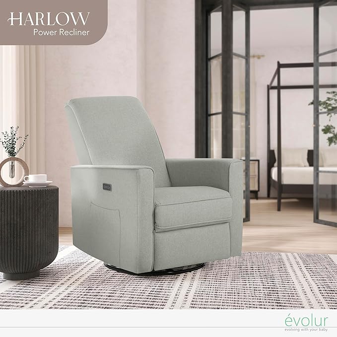 Evolur Harlow Upholstered Power Glider Recliner with USB Charging – Rocking & 360° Swivel with Smooth Glide – Greenguard Gold & FSC Certified – Modern Nursery and Living Room Chair in Light Grey