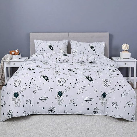 MAG 3Pcs White Space Bedding Twin,Space Duvet Cover,Galaxy Duvet Cover for Toddlers,Kids,Boys,Teens and Girls,Super Soft Microfiber (No Comforter) (Black and White, Twin)