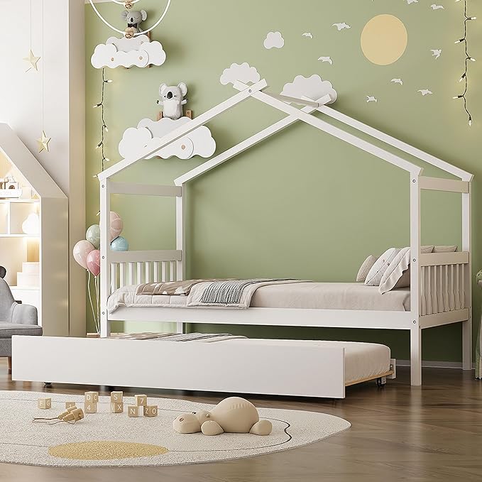 Harper & Bright Designs Twin House Bed for Kids, Wood Platform Bed with Trundle, Montessori Bed with Roof, Playhouse Trundle Beds for Kids,Teens, Bedroom, White