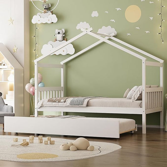 Harper & Bright Designs Twin House Bed for Kids, Wood Platform Bed with Trundle, Montessori Bed with Roof, Playhouse Trundle Beds for Kids,Teens, Bedroom, White