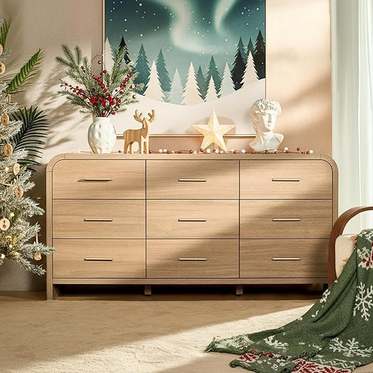 Curved 9-Drawer Dresser for Bedroom, 63" Wide Modern Chest of Drawers, Vanity Desk TV Stand for Living Room, Closet Storage Drawers Organizer Furniture, Nursery, Hallway, Oak