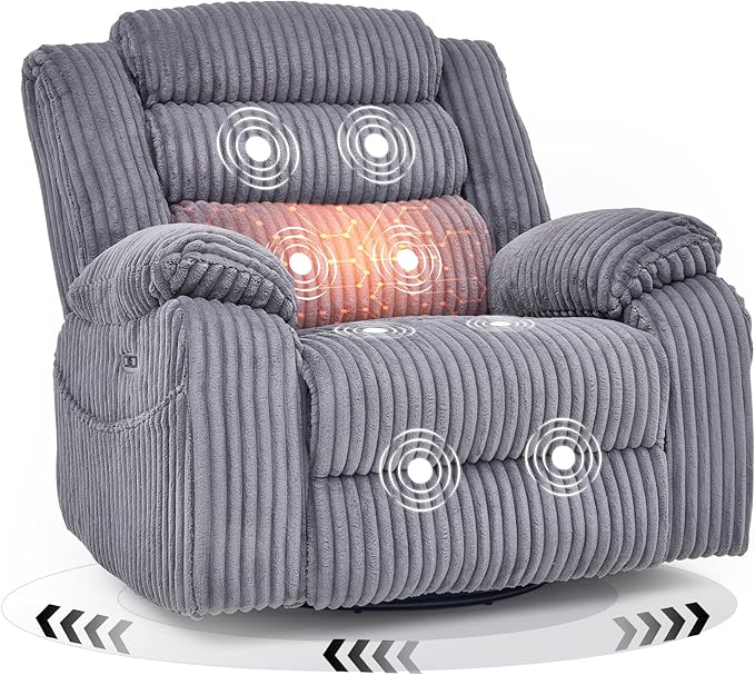 Power Swivel Rocker Recliner Chair for Adults with Massgae and Heat, USB and Type-C Charging Port, Infinite Position, Electric Glider Rocking Chairs for Living Room, Nursery, Grey
