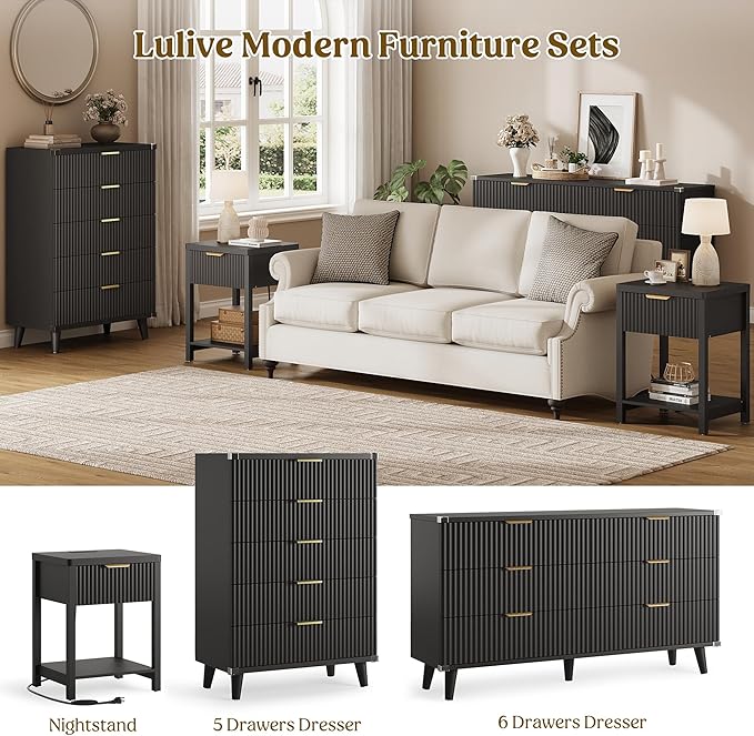 Lulive Night Stand Set 2, Fluted Nightstand with Charging Station, Wood Modern Bedside End Table with Storage Drawer for Bedroom, Save Space (Set of 2, Black)