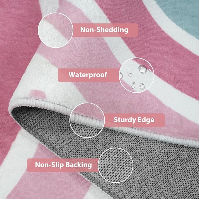 STARUIA Pink Round Rug for Girls, 5 Ft Rainbow Kids Rug for Nursery, Colorful Washable Rugs for Bedroom, Non-Slip Circle Time Rugs Soft Polka Carpet for Kids Room Princess Castle