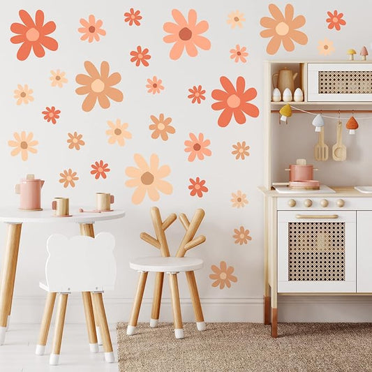 TaoBary 12 Sheets Daisy Wall Decal Flower Wall Sticker Cute Daisy Sticker Pink White Flower Decal Peel and Stick Floral Wallpaper for Nursery Bedroom Home Decor(Orange,Colorful Style)