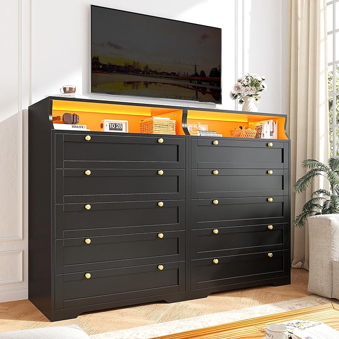 EnHomee Black Dresser with LED Light, Tall Dresser for Bedroom, 5 Drawers & 1 Shelves Space Saver for Bedroom, Hallway, 31.3" W x 48.5" H x 15.7" D