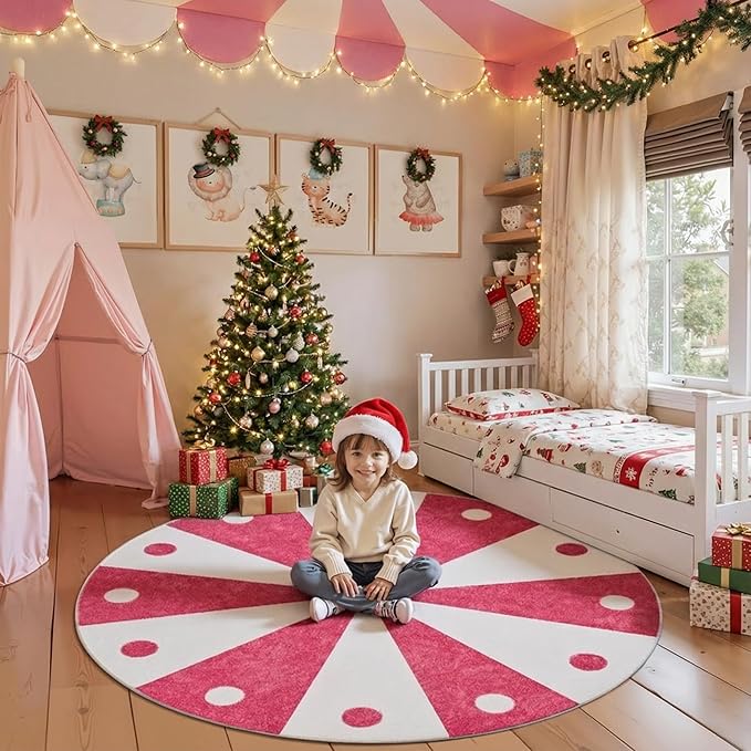 jinchan 5ft Round Rug Hot Pink Washable Fun Cute Playroom Mat Non Slip Cheerful Circle Cool Rug Soft Cozy Low-Profile Playful Carousel Throw Carpet for Kids Gift Teens Dorm Entryway Bedroom