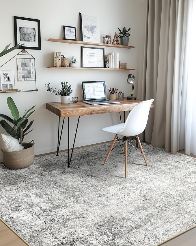 Washable Area Rugs 6'x8' Non-Slip Modern Abstract Soft for Living Room Entryway Bedroom Nursery, Print Pattern, Gray White Grey