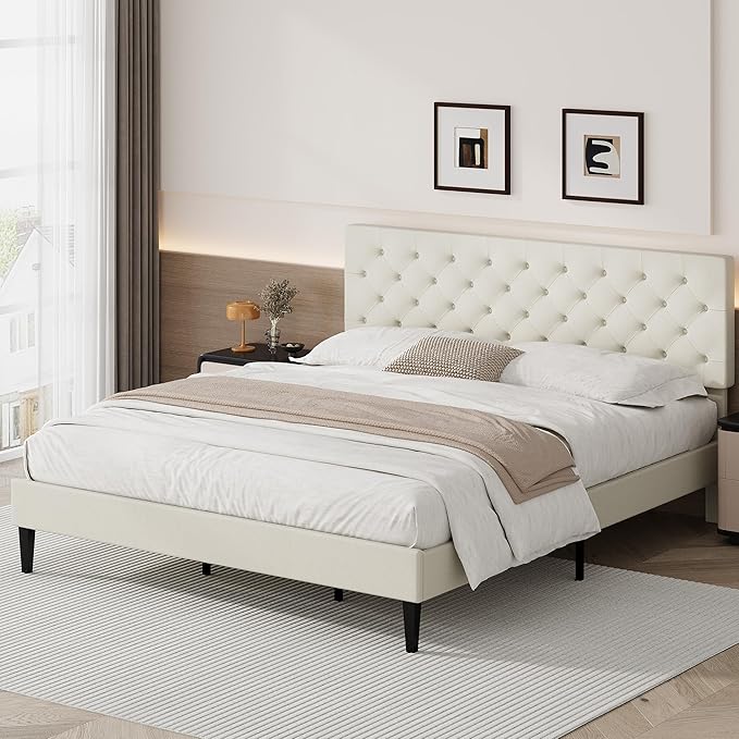 BarnFurin King Bed Frame, Upholstered Platform Bed with Button Tufted Headboard, Fabric Bed Frame with Wooden Slats Support, No Box Spring Required, Easy Assembly, Cream