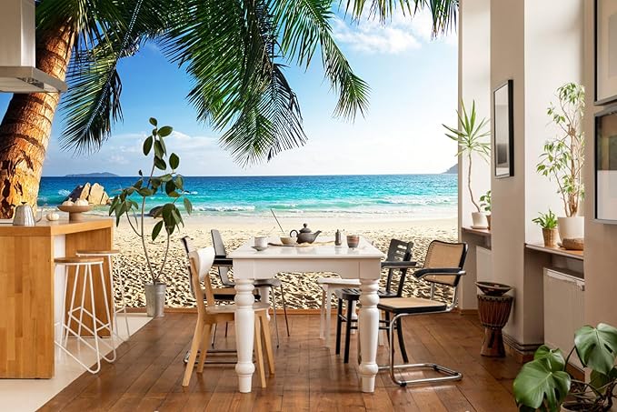 Beach Wall Mural Tropical Palm Trees Wallpaper for Bedroom Bathroom（Not Peel and Stick）