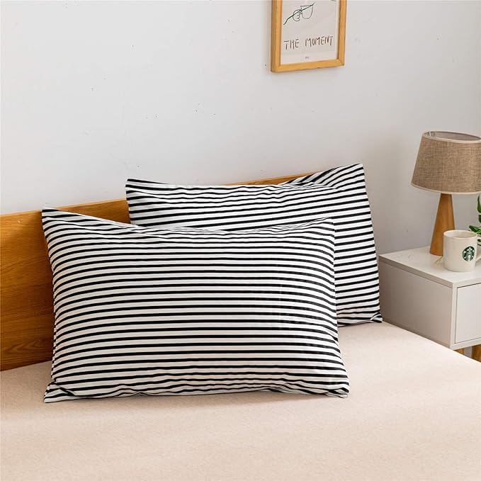 JELLYMONI 100% Natural Cotton 3pcs Striped Duvet Cover Sets,White Duvet Cover with Black Stripes Pattern Printed Comforter Cover,with Zipper Closure & Corner Ties(King Size)