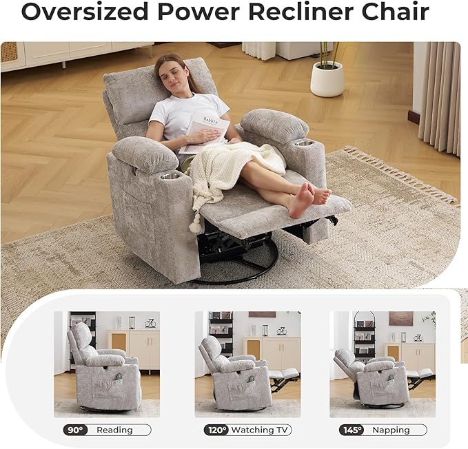 Oversized Power Recliner Chair Swivel Glider with Massage and Heat, Swivel Rocker Recliner with Adjustable Armrests, 26" Wide Nursery Chair with Storage Ottoman, Rocker Nursery Recliner, Light Grey