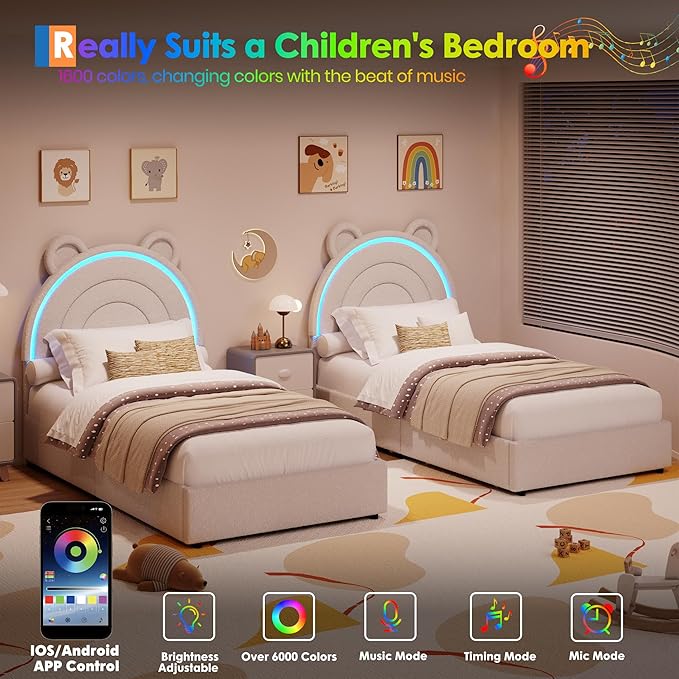 Garvee Twin Size Bed Frame with 2 Storage Drawers & LED Lights, Velvet Upholstered Platform Bed with Rainbow Headboard for Kids/Boys, Solid Wood Slats Support, No Box Spring Needed, Grey