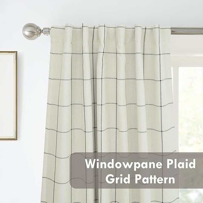 DriftAway 2 Panels 100% Blackout Windowpane Plaid Linen Curtains Double Layer Drapes for Bedroom 72 Inches Long Farmhouse Thermal Insulated 3.25 Inch Rod Pocket Back Tab for Living Room Black
