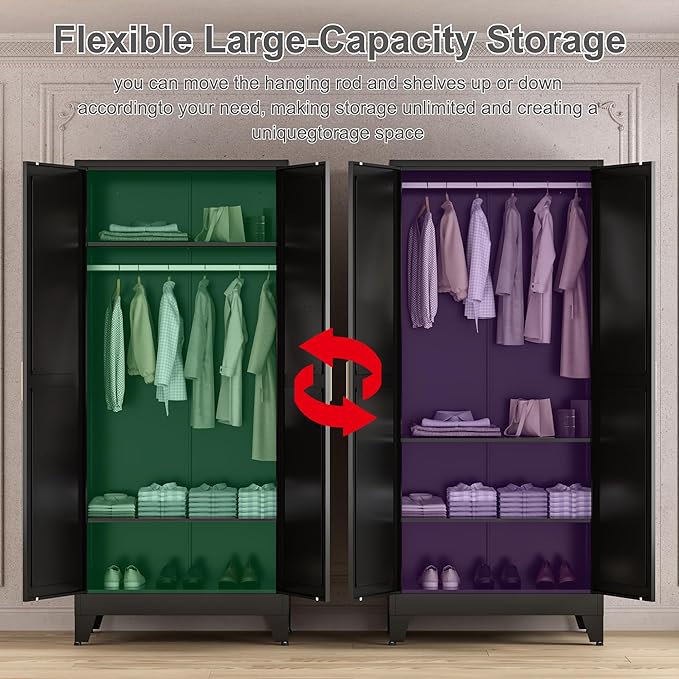 71'' Farmhouse Metal Wardrobe Cabinet with Hanging Rod, 2 Barn Door Wardrobe Closet with 2 Adjustable Shelves,for Dining Room,Bedroom,Living Room, Cloak Room,Office (Black)