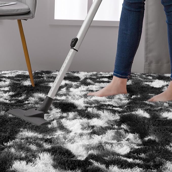 DweIke Fluffy Black White Shag Rugs for Bedroom Living Room, 8x10 Large Soft Plush Tie-Dyed Cow Girls Boys Kids Rug, Non-Slip and Machine Washable Carpet for Dorm Nursery Classroom Decor