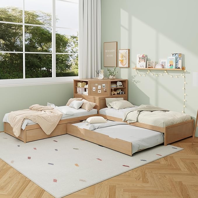 Harper & Bright Designs L-Shaped Corner Bed with Trundle, Wooden Double Twin Bed Frame for Kids, 3-in-1 Low Platform Bed with Built-in Nightstand and LED Light