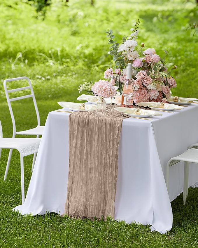 Pureegg 3-Pack Cheese Cloths Table Runner, 120'' Boho Table Cloth Decorations for Party, Baby Shower, Wedding and Farmhouse, Fabric Room Decor, Nude