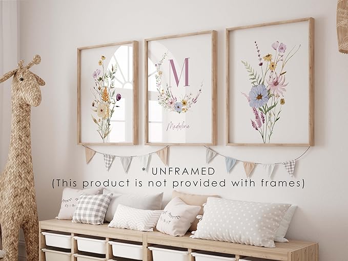 Personalized Name Flower Nursery Wall Art Prints, Crib & Nursery décor, Newborn Baby Girl Gift Present, Floral Baby Girl Room Pictures, Poster For Baby And Kids (3 Prints, Flower 6)