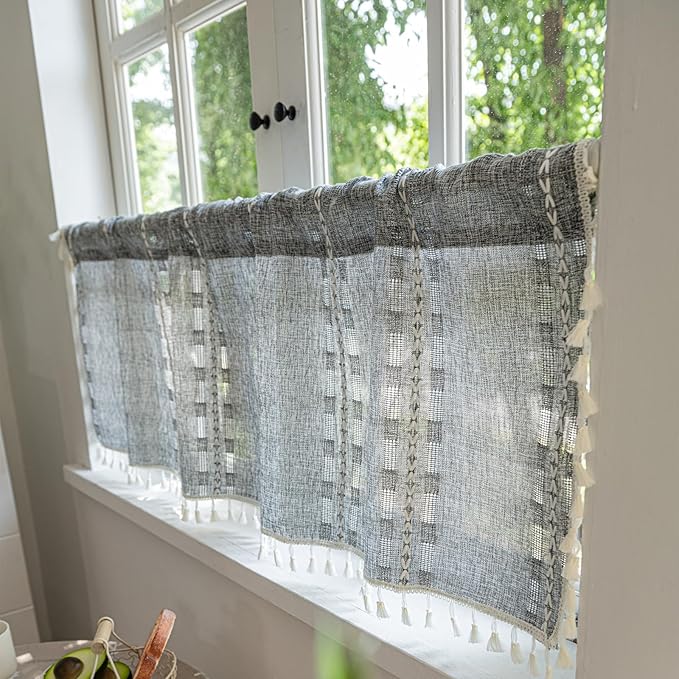 Deeprove Boho Valance Kitchen Short Curtain, Textured Striped Drape Semi Sheer Privacy Tier Embroidered Chic Window Treatment for Cafe Restaurant Closet, W52 x L18 inch Single 1 Panel Coal Grey