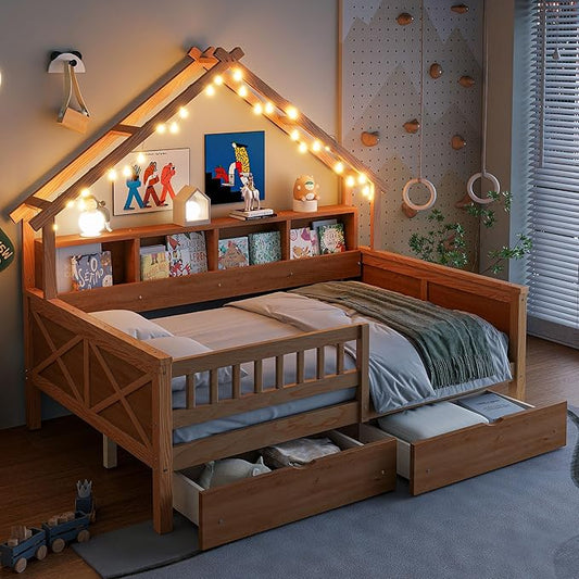 Merax Full Size House Platform Bed with Storage Drawers, Full Toddler Bed with LED Light and Guardrail, Sturdy Wood Frame Support, House Platform Bed with Roof Design for Kids, No Box Spring,Natural