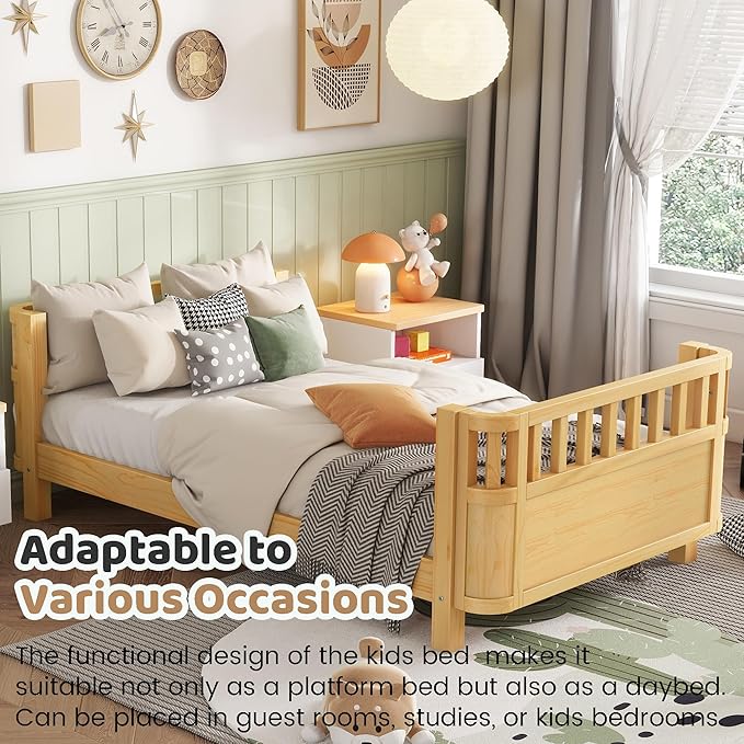 Twin Bed Frames Kids with Rails, Wood Montessori Twin Bed with Slats Support, Modern Low to Ground with Removable Bed Rails for Girls Boys Bedroom Living Room, Natural