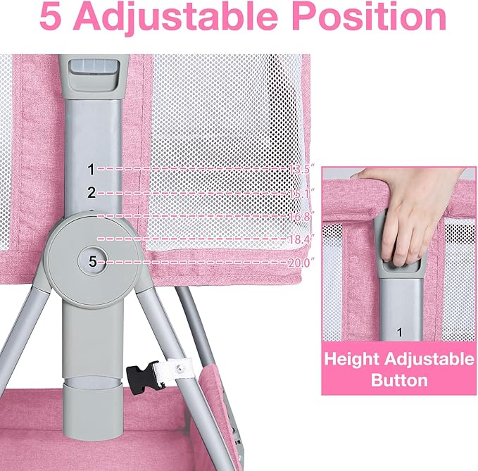 Pink Bassinet for Baby Girl, Baby Bassinets Bedside Sleeper with Mattress and Wheels for Newborn and Infant, Height Adjustable with Breathable Mesh and Mosquito Net