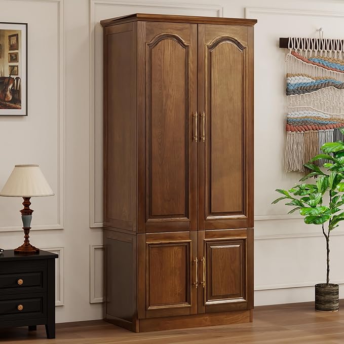 Solid Wood Wardrobe Closet:TemkTuek 70.87" Armoire,Clothing Storage Cabinet with Doors,Shelves and Hanging Rails,Vintage Freestanding,Bedroom,Wood Grain Color(22)