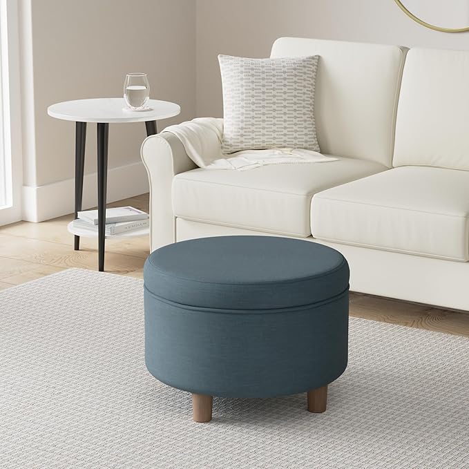 Homepop Home Decor | Upholstered Round Storage Ottoman | Ottoman with Storage for Living Room & Bedroom (Teal Linen) Large