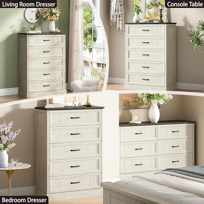 CARPETNAL Farmhouse 5 Drawers Dresser for Bedroom, 44" Tall White Dresser Wood Rustic Chest of Drawers with Wide Metal Handle,Natural Texture,Drawer Organizer for Bedroom,Living Room,Hallway