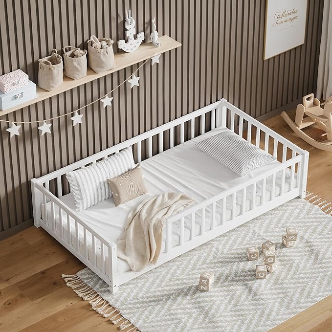 LLS Twin Floor Bed for Kids Solid Wood Montessori Bed Frame with Safety Guardrails Multifunctional Montessori Floor Bed for Toddlers, Without Door, Easy Assemble, White