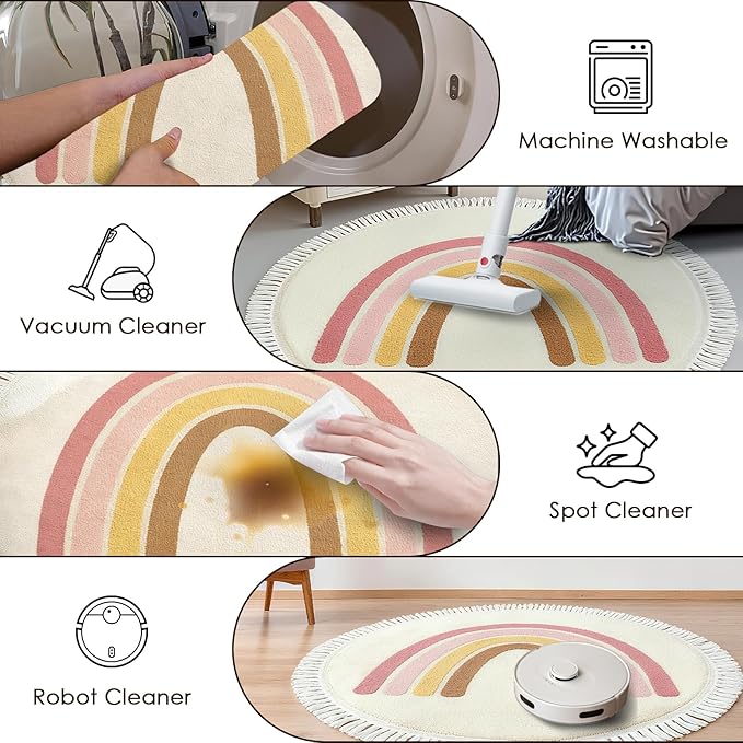 Rainbow Tassels Soft Area Rug for Girls Kids Room Washable Artificial Wool Bedroom Living Room, Kid Round Carpet Rainbow Pattern, Non-Slip Indoor Floor Carpet Home Decor, 5 Feet