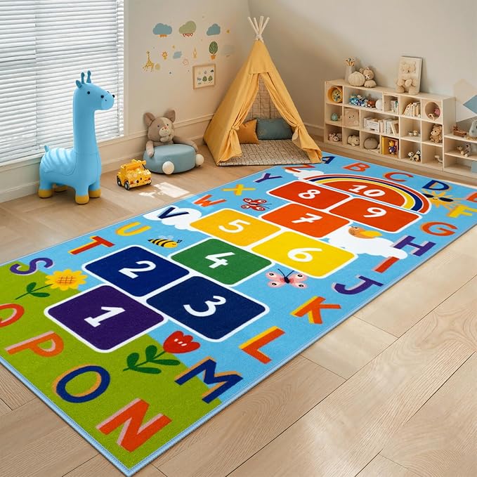 STARUIA Washable Hopscotch Kids Rug for Playroom, Colorful Educational Classroom Rugs with ABC Number, Non Slip Kids Play Rug Game Carpet for Bedroom Nursery Boy Girl （Blue, 31.5''x72''）