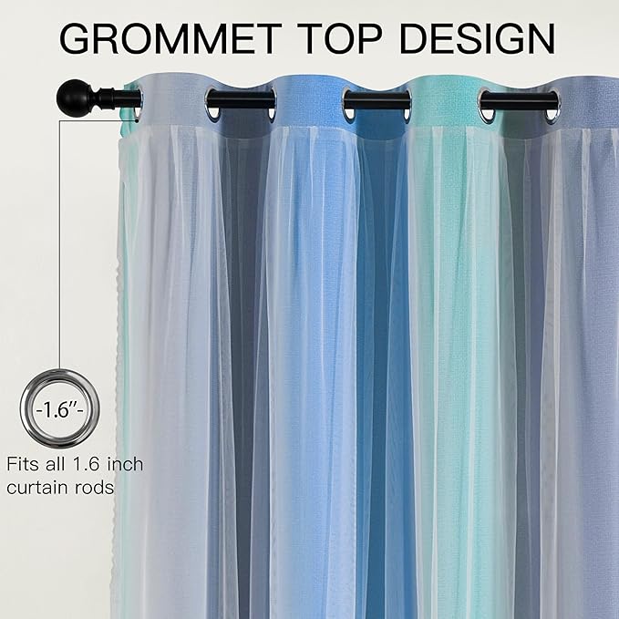 XiDi 100% Blackout Curtains for Girls Bedroom Living Room 96 Inch Length 2 Panels Kids Rainbow Blue Green Grey Mix & Match Double Layer Curtains with Sheer Overlay Grommet Window Drapes 34W x 96L