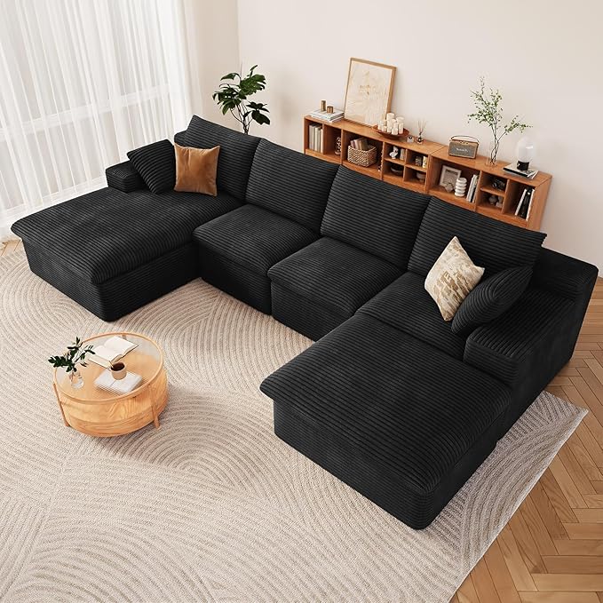 136" Cloud Modular Sectional Sofa with 1 Ottoman, Modern Upholstered Corduroy Couches, Comfort U Shaped Sofa for Living Room, Deep Seat Boneless Couch, No Assembly Required(Black,Left Facing Chaise)