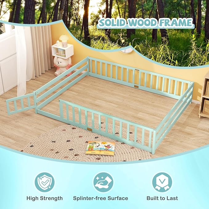 Giantex Queen Floor Bed with Door & Fence, Kids Wood Montessori Beds with Safety Guardrails, Floor Bed Twin for Kids, Boys, Girls, No Box Spring Needed, Mint Sky