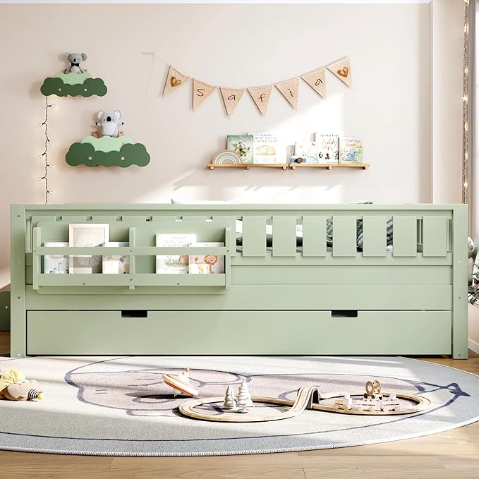 Bellemave Full Bed with Trundle and Stairs, Full Size Platform Bed Frame with Fence and Bookshelf, Easy Assemble Beds for Kids, Girls, Boys, Green