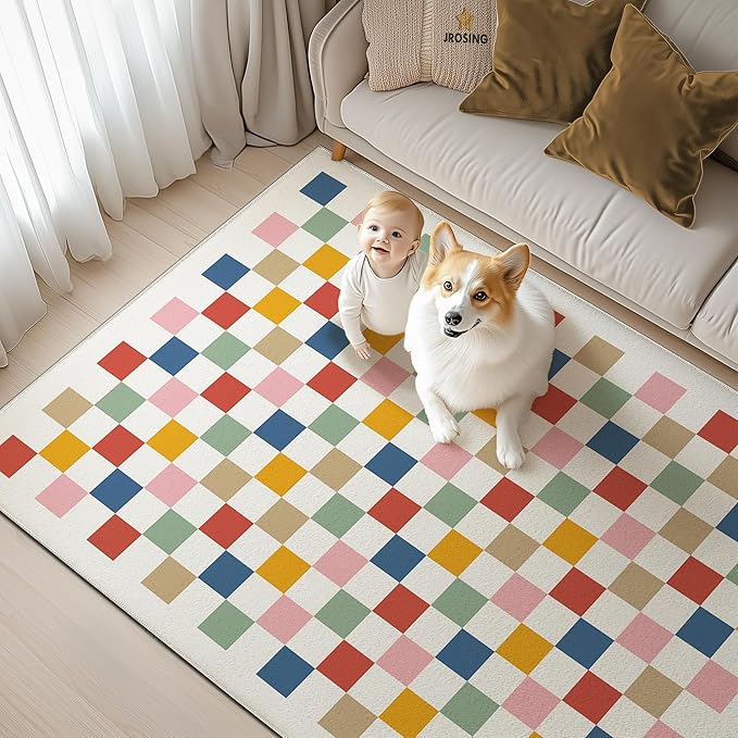 Washable Checkered Rug, 8x10 Colorful Rainbow Checkerboard Modern Foldable Large Area Rugs for Living Room, Low Pile Ultra-Thin Non-Slip Indoor Carpet for Office Bedroom Diningroom Classroom Playroom