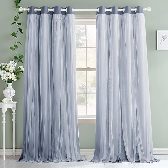 PONY DANCE Curtains for Living Room - Blackout Curtains and White Sheer Overlay Light Blocking Grommet Drapes for Bedroom Kids Room Darkening with Tiebacks, (52x84 inches, Blue Haze, 2 Pieces)