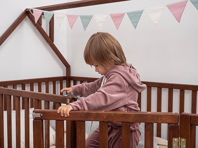 BUSY WOOD House Wooden Playpen - Montessori Floor Bed with Safe Gate - Toddler Bed - Floor Bed - Frame with Fence and Door - Toddler Bedroom Furniture - Full, Twin, Queen, King Size (Model 6)