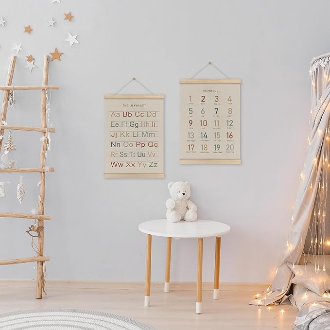 HRQKO Alphabet Numbers Poster Hanger Frame Set of 2, Nursery Wall Decor, ABC Banner Poster Wall Art with Wooden Frames, Alphabet Banner Wall Hanging Decor for Toddler Playroom Nursery, 12x16 Inch